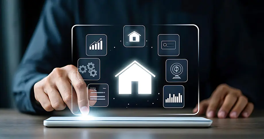 Geschäftsperson steuert smarte Immobilien- und Finanzfunktionen am Table. Symbolbild für digitales Immobilienmanagement und moderne Technologie.