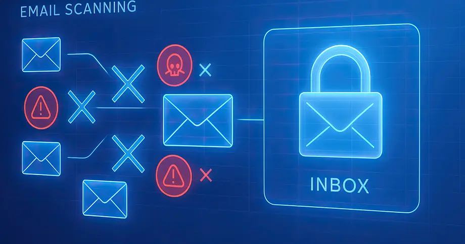 E-Mail-Scan-Konzept mit digitalen Umschlagsymbolen, Warnsymbolen und einem sicheren Posteingangsschlosssymbol auf einer blauen, futuristischen Benutzeroberfläche, die die E-Mail-Sicherheit darstellt ....