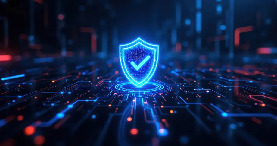 Ein digitales Cybersicherheitsschild mit einem blauen Häkchensymbol auf einem Hightech-Hintergrund aus Schaltkreisen und leuchtenden Linien.