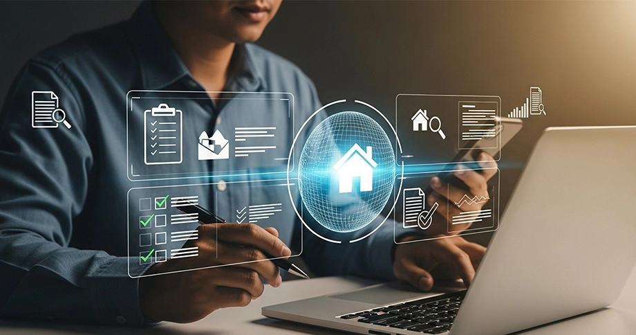Person arbeitet am Laptop mit digitaler Immobilienverwaltungs-Software; auf dem Bildschirm sind ein Haus-Symbol, Checklisten, Diagramme und Analyse-Elemente als transparente Benutzeroberfläche eingeblendet.