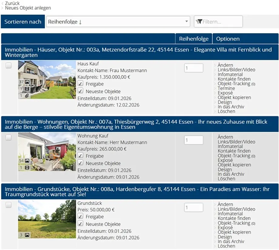 Screenshot der Objektverwaltung in immoprofessional