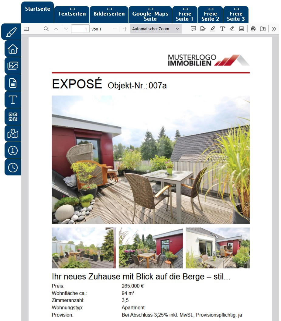 Screenshot des Exposé Designers in immoprofessional