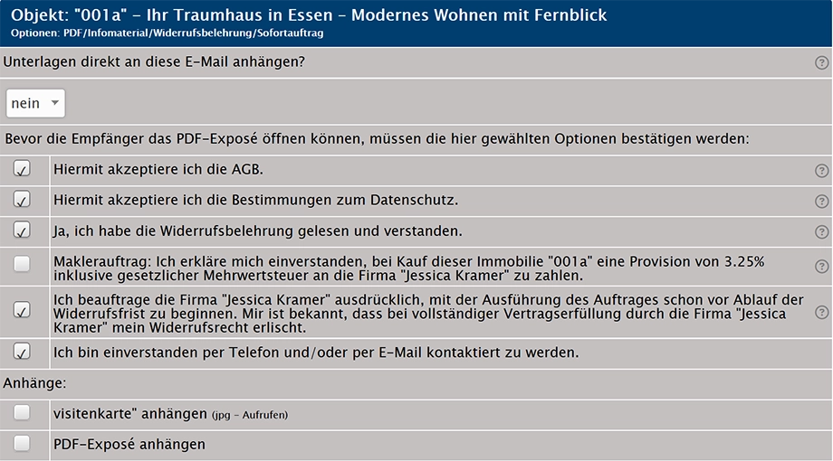 Auswahlmöglichkeit für den rechtssicheren Versand in immoprofessional