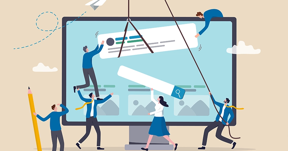 Illustration eines Teams, das gemeinsam an einer großen Internetseite arbeitet. Mehrere Personen platzieren Designelemente wie Suchleiste und Inhalte auf einem großen Monitor – Symbol für den Aufbau und die Gestaltung einer professionellen Internetseite.