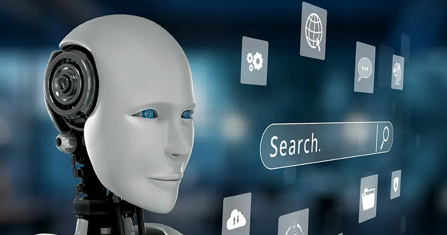 Künstliche Intelligenz mit humanoidem Roboter analysiert digitale Symbole und Suchanfragen – Symbolbild für KI-gestützte SEO und automatisierte Suchmaschinenoptimierung