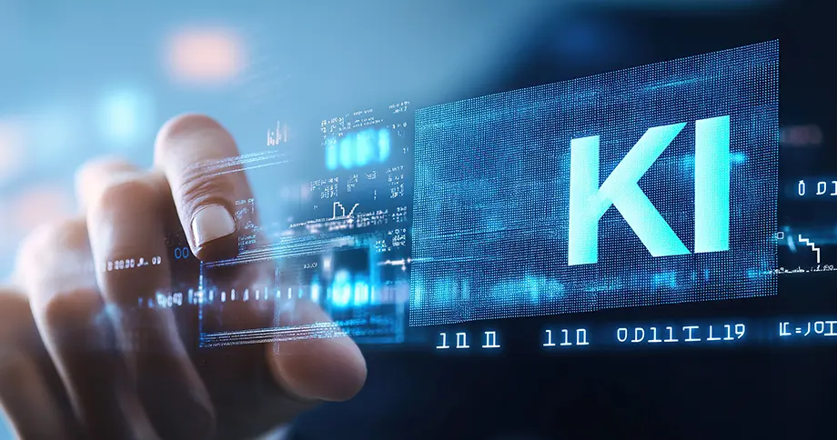 Grafische Darstellung des Begriffs ‚KI‘ (Künstliche Intelligenz) mit digitalen Linien und Punkten auf hellem Hintergrund – symbolisiert den Einsatz von KI-Technologie zur Optimierung von SEO-Strategien