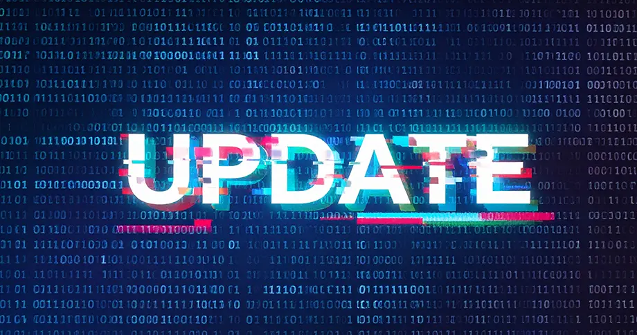 Leuchtender „UPDATE“-Schriftzug vor binärem Code. Symbolisiert das neue immoprofessional Update mit innovativen Funktionen für Immobilienmakler.