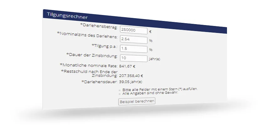 Tilgungsrechner auf einer Makler-Website